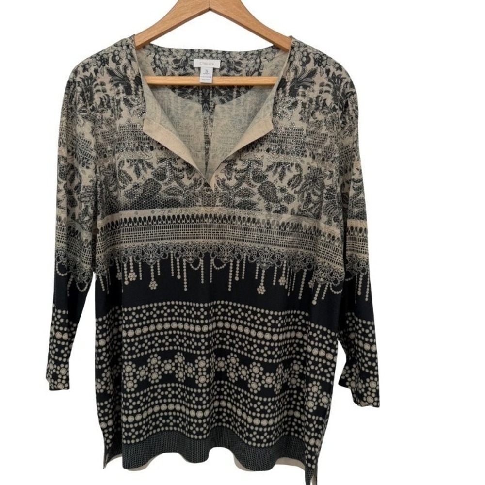 Chicos Tunic Top Black Tan Rhinestone Mixed Print 3/4 Sleeve Size 3/LG